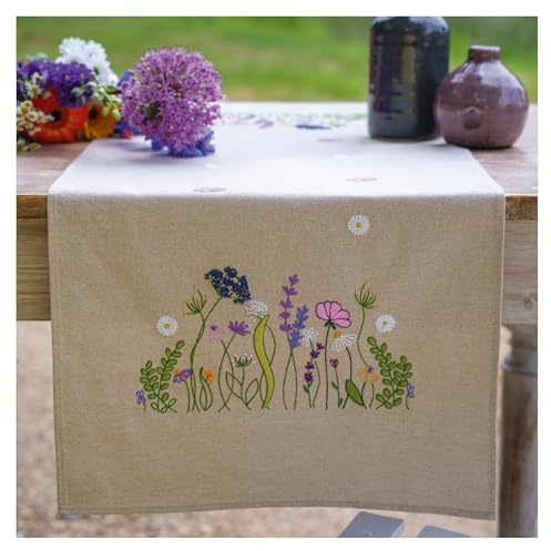 Tischläufer Plattstich Stickpackung Lila Gartenpracht, Stickbild gedruckt, 40x100cm