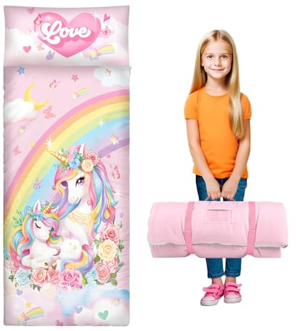 Sacco a Pelo per Bambini con Cuscino e Doppia Cerniera, 150x60 cm Nap Mat per Bambini, Ideale per Casa, Asilo, Scuola Materna e Campeggio, Unicorno