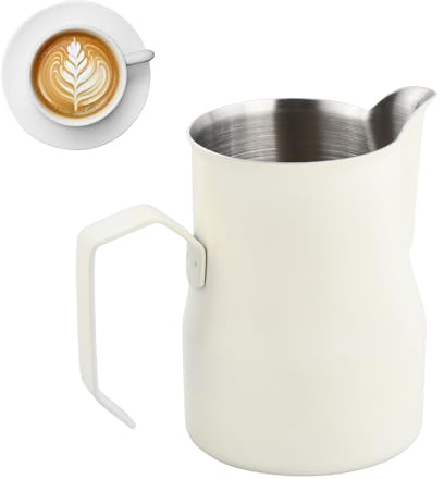 Jarra Leche Barista 350 ml/12 oz, Jarra Espumador de Leche 304 de Acero Inoxidable para Cafe, Capuchino, Espresso, Latte Art (Blanco)