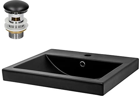 LuxeBath Waschbecken Keramik Schwarz 545x450x160 mm eckig mit Ablaufgarnitur Schwarz, Einbauwaschbecken mit Hahnloch/Überlauf Aufsatzwaschbecken Einbauwaschtisch Waschschale Waschplatz Handwaschbecken