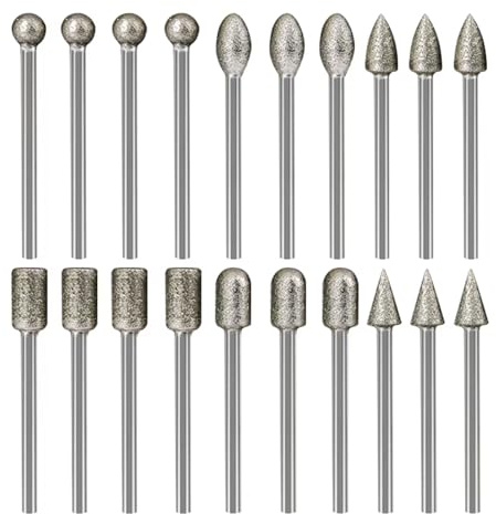 20PCS Precision Diamond Burr Bit Set, Durable 1/8 Inch Shank Rotary Tool Accessories for Carving, Grinding, Polishing & Engraving on Stone, Glass & Ceramics