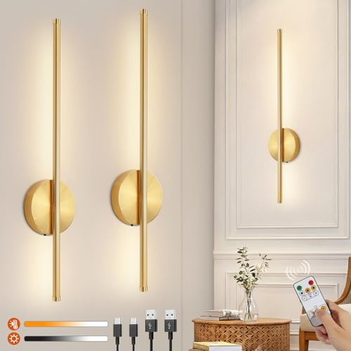 Ketom 2 Pack USB Rechargeable Wall Lights Gold, LED Battery Operated Wall Lights Indoor with Remote, 3 Color Temperature & Dimmable & Timer Function, Wireless Sconces for Bedroom Hallway