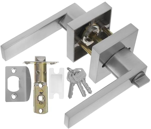 IWOWHERO Manilla de Puerta Interior de Aluminio Plateada con Cerradura y Llave Diseño Cuadrado de Tres Varillas para Dormitorio Baño y Oficina Pomo Seguro y Silencioso para Puertas de