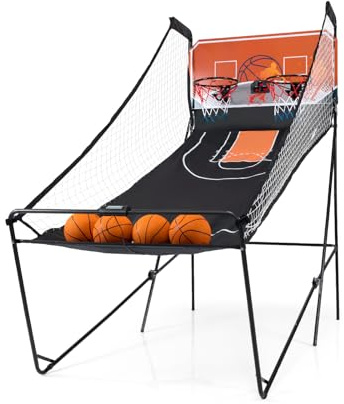 GYMAX Juego Arcade de Baloncesto Plegable, Máquina de Tiro de Baloncesto con 8 Tipos de Juego, Marcador Electrónico, Sonido, 4 Balones, 2 Aros, Bomba, Juguete de Canasta Doble para Adultos Niños
