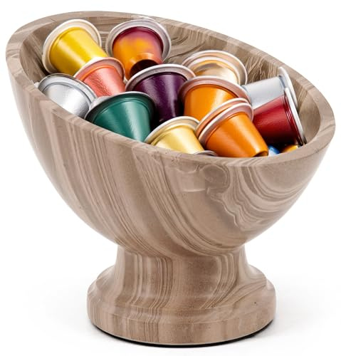 Brown Marble Coffee Pod Organizer Bowl 7 Inch Countertop K Cup Storage Holder with Natural Stone Look, Kitchen Counter Decor for Nuts, Chocolates & Snacks