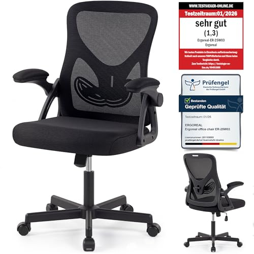 Ergoreal Bürostuhl ergonomisch – Schreibtischstuhl Netz, Lendenstütze 150kg | Klappbare Armlehnen, verstellbare Lendenstütze, 90-110° Rückenlehne, höhenverstellbar, leise Rollen, Homeoffice & Büro
