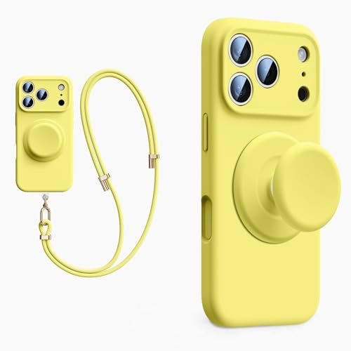 XZC Funda de silicona líquida para iPhone 17 Pro Max, con soporte emergente, cordón cruzado, compatible con MagSafe, protección completa de la cámara, (amarillo, iPhone 17 Pro Max)