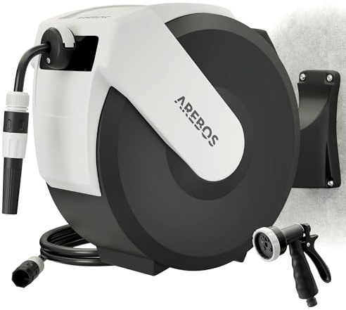 Arebos Automatisk Slangvinda 35 m Väggmonterad Slangrulle med Flerlagerslang 180° Svängbar Stoppfunktion 7 Sprutmönster