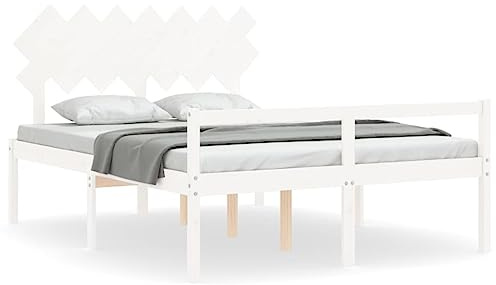 pokgdf Seniorenbett Massivholz 140x190 cm mit Kopfteil in Weiß und praktischem Stauraum