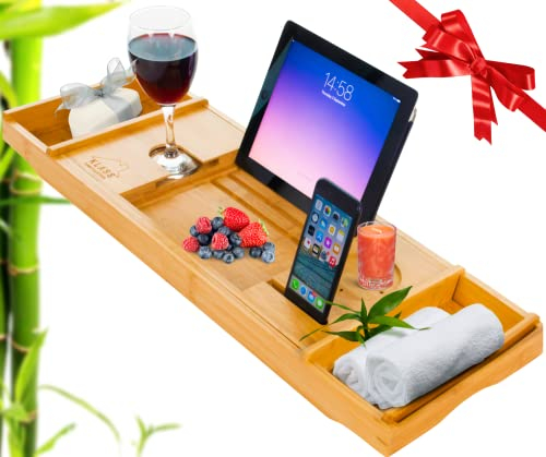 Klass Home Bath Tray | Bath Caddy | Bath Board with Book Rest Device Holder (iPad/Tablet/iPhone/Smartphone) Candle & Wine Glass Holder Extendable Bamboo Bath Caddy Bathtub Tray Wooden Bath Tray
