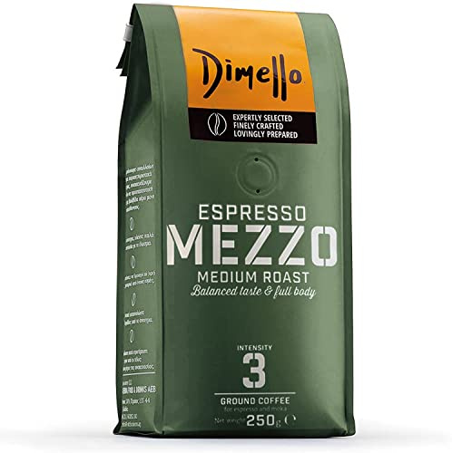 Dimello Mezzo Ground Coffee (250g) - Medium Roast Arabica & Robusta | Perfect for Moka Pots and Espresso, Rich Flavour & Balanced Body, Mild to Low Intensity