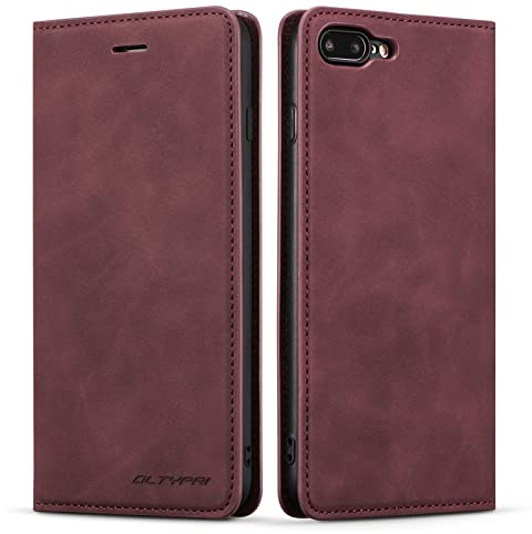 QLTYPRI Hülle für iPhone 7 Plus 8 Plus, Premium Dünne Ledertasche Handyhülle mit Kartenfach Ständer Flip Schutzhülle Kompatibel mit iPhone 7 Plus 8 Plus - Wein Rot