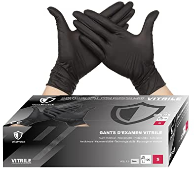 OneProtek Gants jetables noir en vitrile (nitrile-vinyle mix) - Boîte de 100 gants - Taille S (Petite) - Sans latex - Résistants et Multi-usages - Protection contre les produits chimiques