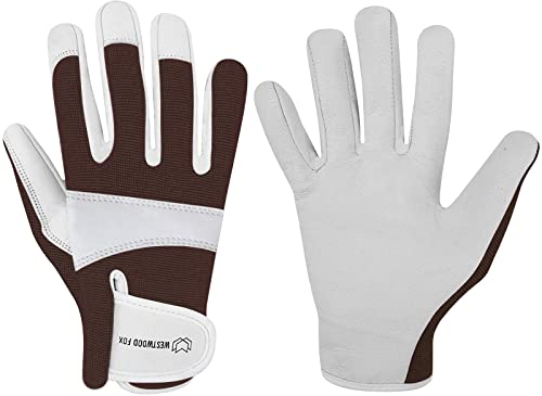 WESTWOOD FOX Gartenhandschuhe aus Leder,robuste Arbeitshandschuhe für Damen und Herren, Gartenwerkzeuge, Mechaniker, atmungsaktiv, Gärtner, rutschfeste Rigger-Handschuhe (braun, M)