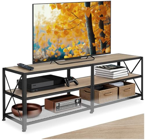 tectake® Meuble TV 161 x 41,5 x 50,5 cm, Banc TV Salon Chambre, Meuble Rangement Television, Style Industriel, 3 Niveaux Ouverts et Fond grillagé, Meubles de Salon pour télévision, Bois Clair