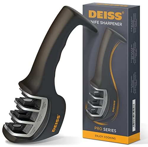 Deiss PRO Aiguiseur de couteaux de cuisine et de poche à 3 étapes – Affûteur manuel de lames de couteaux de qualité professionnelle pour la cuisine, la chasse et les couteaux en céramique (SILVER)