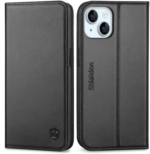 SHIELDON Echtleder Hülle für iPhone 15 6,1 2023 5G, Schwarz | Kartenfach, Standfunktion, RFID Blocker, Klappbare Schutzhülle, Magnet Lederhülle, Stoßfeste Handyhülle, Telefon Cover