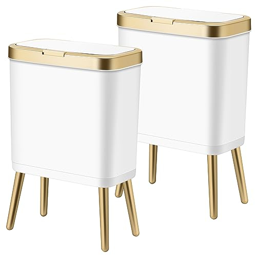 Procade 2Pack White and Gold Trash Can with Lid,4 Gallon Bathroom Trash Bin