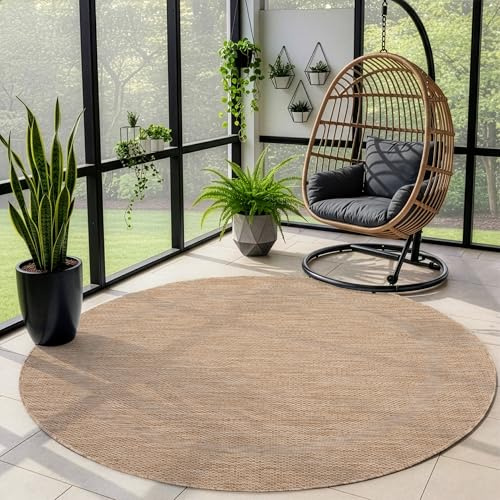 Outdoor Teppich Wetterfest Einfarbiges Design Terrasse Balkon Teppich Rund Küche Garten Sisal-Look Küchenteppich Läufer Flur, Größe: 200 cm Rund, Farbe: Beige