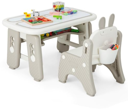 COSTWAY Set Tavolo e Sedia per Bambini, Tavolo e Sedia per Bambini con Mensola Ribaltabile, Lavagna Magnetica Cancellabile, Altezza Regolabile, per Camera da Letto, Sala, Giochi per Ragazzi (Grigio)