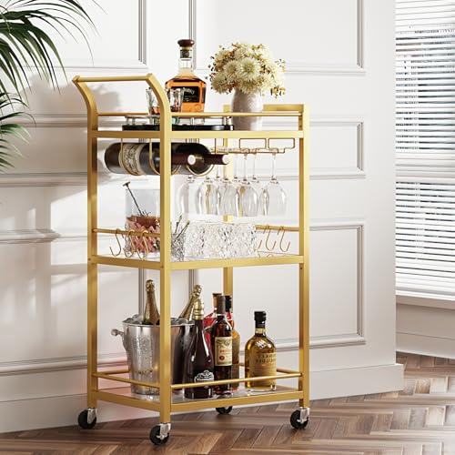 TUTOTAK Bar Cart, Home Bar Serving Cart with 3-Tier Mirrored Shelf, Wine Cart, Mobile Kitchen Shelf, Gold BC01BB034