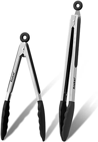 Anaeat Antihaft-Silikonzange 2er-Set - Edelstahlzange 23cm und 30,5cm mit rutschfesten Silikonspitzen und -griffen zum Kochen, Backen und Grillen - strapazierfähig und hitzebeständig (schwarz)