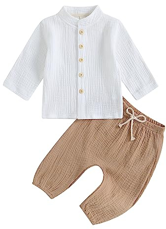 Yassiglia Baby Jungen Baumwolle-Leinen Zweiteiler Outfit Weiches Musselin Kleidung Set Bequeme Bekleidungssets für Kleinkind Langarm Stehkragen Hemd + Hose (Weiß, 6-12 Months)