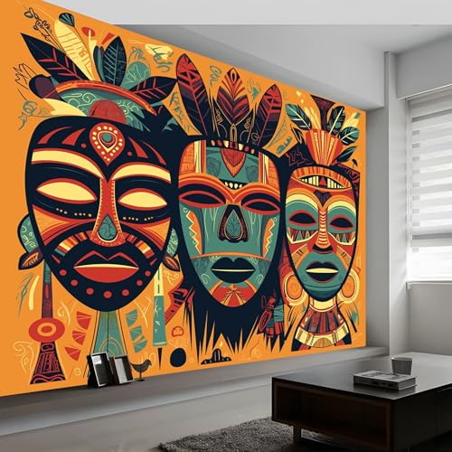 Vlies Fototapete Kinderzimmer B200 x H140 cm, Afrikanische Stammeskunst Masken Fototapeten Tapeten für Kindertapete - Bunt Vliestapete Wandtapete Wanddeko Tapete 3D Effekt Schlafzimmer