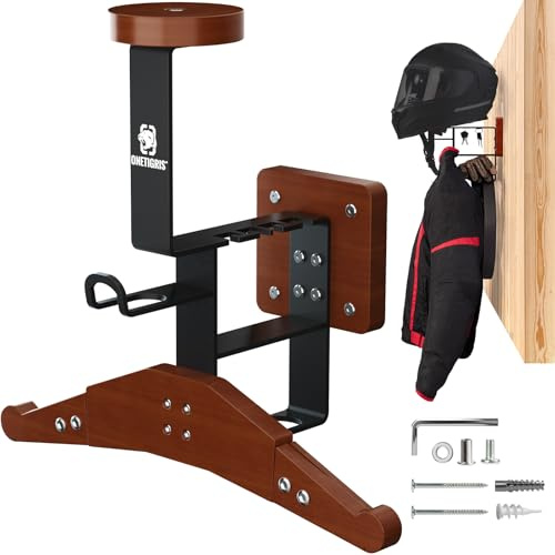 OneTigris Helmhalterung Wand, verstellbare Motorrad Garderobe, bis 80 kg | Premium Motorradgarderobe mit verstellbarem Bügel für Helm, Lederkombi und Jacke – stabil bis 80 kg