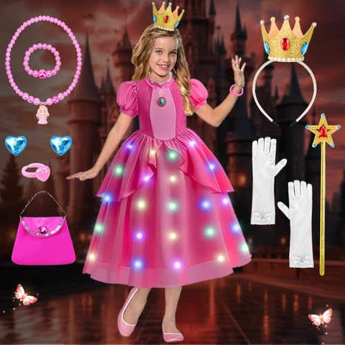 COYBTO Vestito Principessa Bambina, LED Luminoso Costume da Principessa Vestito con Corona, Collana, Guanti, Cosplay Costume Bambina per Halloween Carnevale Compleanno Festa