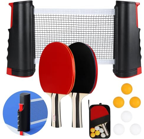 Kimigo Bordtennisracketset, 2 racketar, 6 bollar, infällbart nät och bärväska, mobilt för nybörjare och avancerade, perfekt inomhus- och utomhusspel