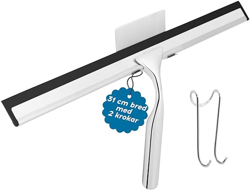 kowald Rasqueta Limpiacristales XL 31cm - Rasqueta de Acero Inoxidable Cromado - Kit con 2 Ganchos + Silicona de Repuesto - Limpiacristales Eficaz para Mamparas