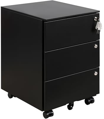 LVSTEEL Rollcontainer mit Schubladen, Mobiler Aktenschrank unter Schreibtisch, Abschließbarer Büroschrank, Druckertisch, 3 Schubladen 4 Schlüssel, Vormontiert, Büro, Homeoffice, Schwarz