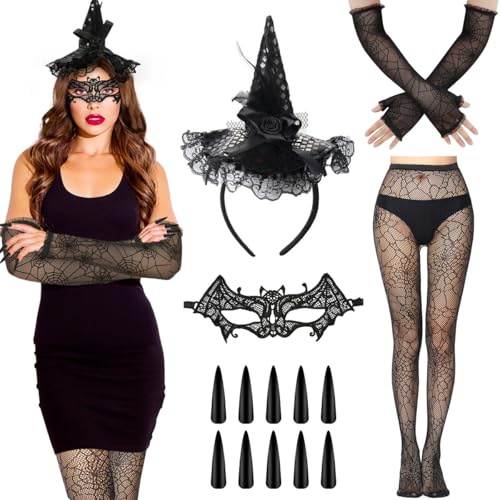 Meleager Hexenkostüm Accessoires Damen, Halloween Haarreif Hexehut,Strumpfhose Spinnennetz für Kostüm Party,Karnevals