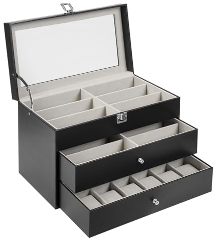 WOQLIBE Uhrenbox unb Brillenbox, 12 Brillen Sonnenbrillen Aufbewahrungsbox & 12 Schublade Uhren, Brillenaufbewahrungsbox Schmuckaufbewahrung für Brillen, Uhren, Schmuck, Ringe, Armbänder (Schwarz)