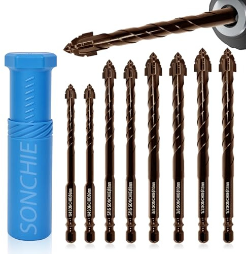 SONCHIE Serrated Drill Bits 8-Piece Set 1/4“-1/2” High Strength Special Serrated Twist Bits 6/8/10/12mm Multi-Purpose Masonry Drill Bit Set for Concrete/Tile/Glass/Hard Plastic