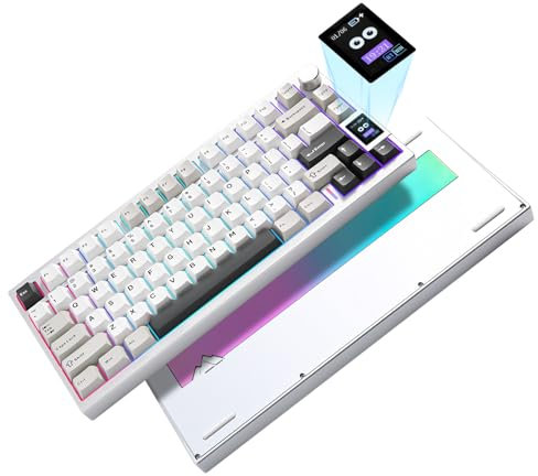 YUNZII AL80 Teclado Mecánico Inalámbrico,Full Aluminio CNC,Smart LCD Display,Hot Swappable Gasket Mount 75% Layout with Knob,BT/2.4G/USB-C, QMK/Via Soporte for Win/Mac (Silver, Cocoa Cream v2)