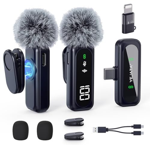 YEJATA Microphone cravate sans fil avec affichage numérique de la batterie 360° omnidirectionnel suppression du bruit portée 30 m Clip rotatif pour iPhone 15/16 Android PC iPad tablette