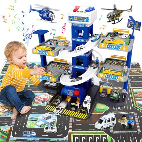 FORMIZON 5 Piani Parcheggio per Bambini dai 3 Ann, Parcheggio Macchinine con Garage, Ascensore, Rampe, Effetti Sonori e Luminosi, Garage Mmacchine per Bambini con 8 Autos e 3 Elicottero (Blu)