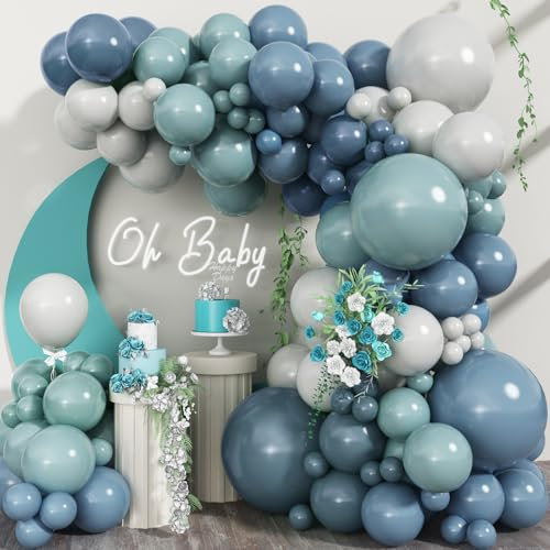 Dusty Blue Grey Balloons Garland Arch Kit, Slate Dark Dusty Petrol Blue Balloon Fog Pastel Haze Latex Balloons Garland for Bridal Baby Shower Birthday Party Helium Balloon Boho Wedding Decorations