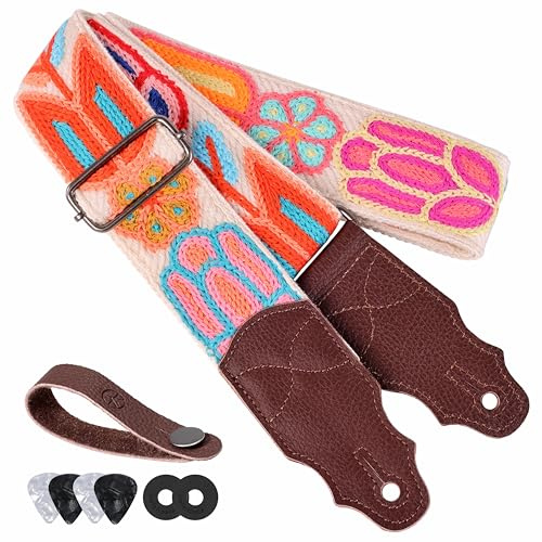 YIKOKO Sangle de guitare 5,1 cm en tricot de laine douce, extrémité en cuir de vachette, pour guitares acoustiques et basses, électriques, bouton gratuit, 2 verrous de sangle et 4 médiators