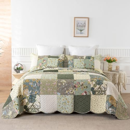 YAYIDAY Quilt King Size Patchwork Bedspread Set - 100% Cotton Reversible Breathable Floral Quilted Quilt with Pillow Shams Fit All Season