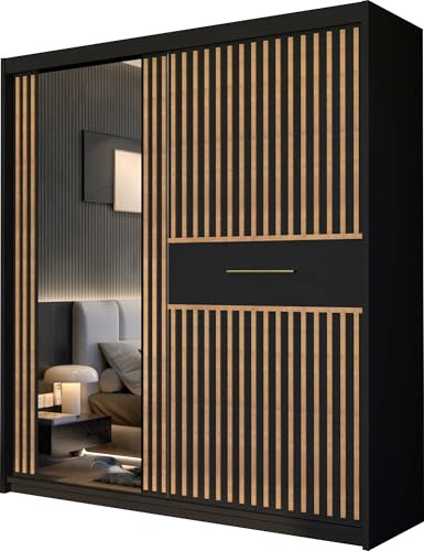 FURNITUREWAVE Modern Sliding Door Wardrobe with Mirror, Bedroom Clothes Storage Cabinet with Hanging Rails & Shelves, Space Saving Wardrobe (Black, 150cm)