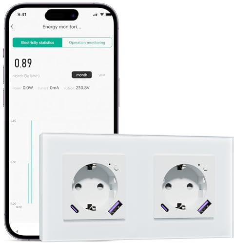 BSEEDLIFE Prise intelligente Wi-Fi en verre, 2 gangs, 157 x 86 mm, prise murale intelligente avec fonction de mesure de l'électricité, charge rapide USB-A/C de 20 W, 2,4 GHz, blanc