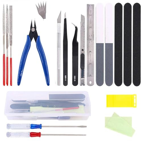 Dulynva Lot de 24 Kit Outils de Modélisme pour Gundam Outils Modélisme avec boîte en Plastique Kit d'outils de Construction Modèle de Base pour Bricolage, Voitures, Avions Réparation et Fixation
