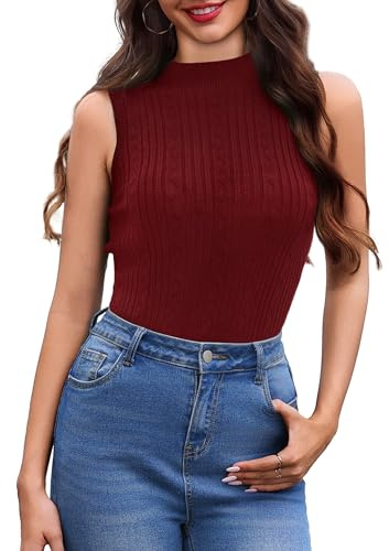 Aottori Débardeur sans Manches Femme Col Roulé Côtelé T-Shirt Élégant Tricot Top Tank Extensible Sexy Pull Slim Fit Léger Basic Haut Décontracté Automne Bordeaux S