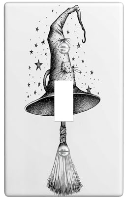 Halloween Witch Magic Broom Decorative Light Switch Cover Plate 1 Gang Single Toggle, Gothic Black Witchy Hat Electrical Switchplate, Goth Cool Electrical Faceplate for Bedroom Room