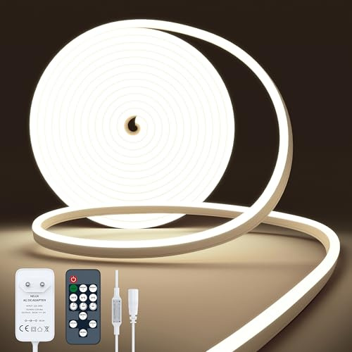 NELUX Neon LED Strip 5m Weiss Streifen Wasserdicht Lichtband Aussen Outdoor. LED Band Light Stripe Aussenbereich Außen Neutralweiss Lichtleiste 4000K. Inklusive Fernbedienung Dimmbar und Netzteil 24V
