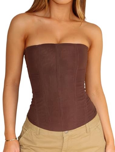 NUFIWI Women Mesh Strapless Bustier Boned Overbust Corset Top Back Zipper Fishbone Bodice Going Out Party Tops(Brown,M)