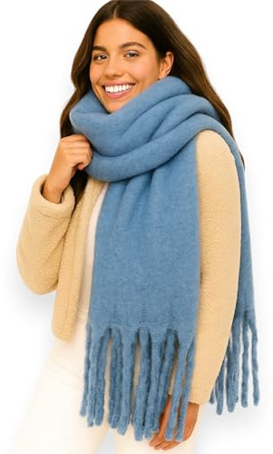 Ziona Damen Schal Winter XXL – kuschelig weich, breit & warm – mit Fransen, einfarbig, Herbst Accessoire aus 100% Viskose, 175 x 50 cm (Blau)